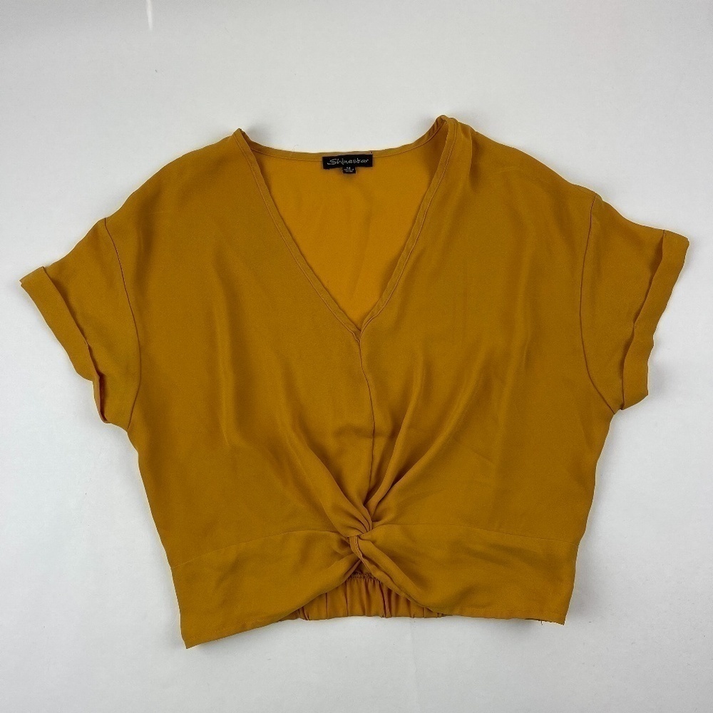 Shinestar Blouse Womens Medium Gold Vneck Elastic Short Sleeve